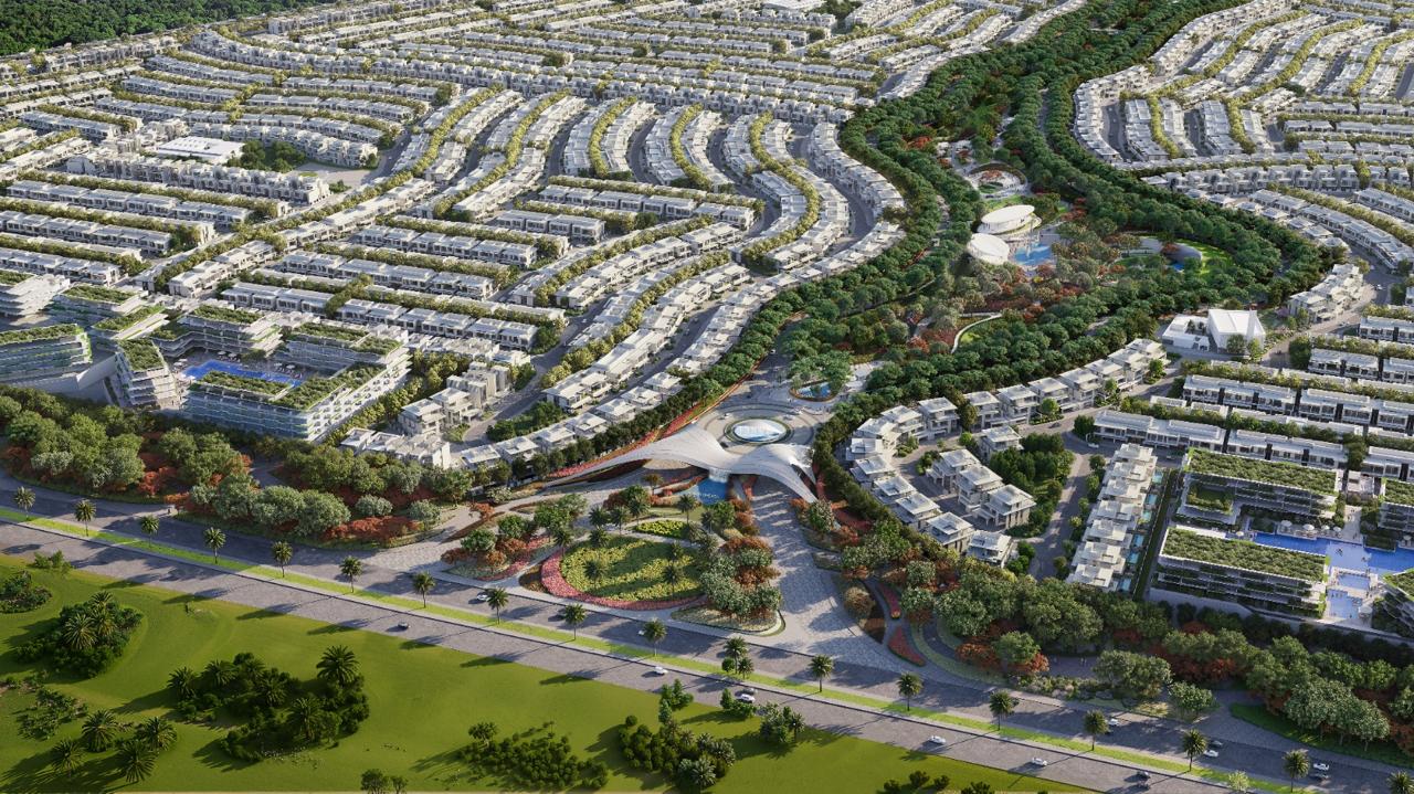 The Azizi Florence entrance from Emirates Road, with the north-eastern clusters beyond